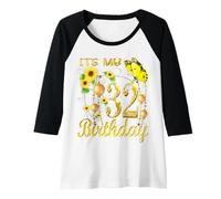 Mujer It's My 32th Birthday 32 Year Old Girl Sunflower Butterfly Camiseta Manga Raglan