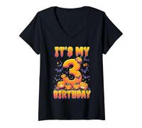 Mujer It's My 3rd Birthday Party 3 Year Old Kids Halloween Pumpkin Camiseta Cuello V