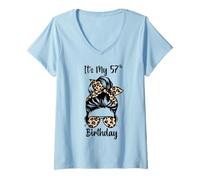 Mujer It's My 57 Birthday Happy 57 Years Old Messy Bun Leopard Camiseta Cuello V