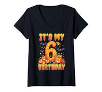 Mujer It's My 6th Birthday Party 6 Year Old Kids Halloween Pumpkin Camiseta Cuello V