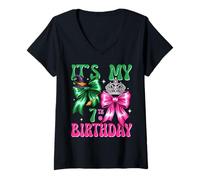 Mujer It's My 7th Birthday Witch Pink and Green Bow Crochet Girl Camiseta Cuello V