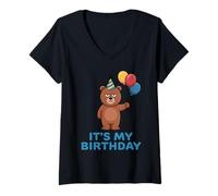 Mujer It's My Birthday Bear Camiseta Cuello V