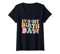 Mujer It's My Birthday Groovy Retro Bday Party Girls Kids Women Camiseta Cuello V