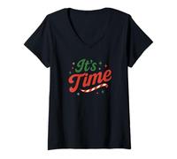 Mujer It's Time Christmas Retro Holiday Candy Cane Design Festive Camiseta Cuello V
