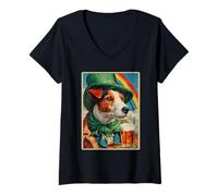 Mujer Jack Russell Bebiendo Cerveza Vintage Día de San Patricio Perro irlandés Camiseta Cuello V