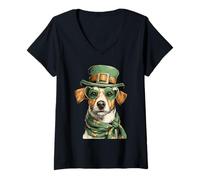 Mujer Jack Russell con Corazones Gafas de Sol tréboles día de San Patricio Camiseta Cuello V