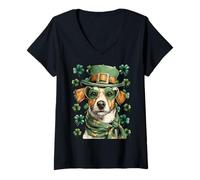 Mujer Jack Russell Shamrocks Hearts Gafas de Sol Día de San Patricio Camiseta Cuello V