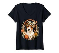 Mujer Jack Russell Terrier con Estampado Floral de Perro Camiseta Cuello V