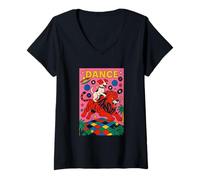 Mujer Jack Russell Terrier Montando un León Danza Brillante Pop Art Camiseta Cuello V