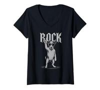 Mujer Jack Russell Terrier Rock Music Retro Vintage Amante de los perros Camiseta Cuello V