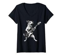 Mujer Jack Russell Terrier Tocando Bajo Música Rock Perro Camiseta Cuello V