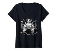 Mujer Jack Russell Terrier Tocando Batería Perro Amante Camiseta Cuello V