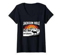 Mujer Jackson Hole Wyoming Elk Montaña Retro Atardecer Camiseta Cuello V