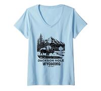 Mujer Jackson Hole Wyoming Souvenir Bisonte WY Mujeres Hombres Vintage Camiseta Cuello V