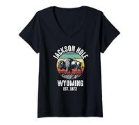 Mujer Jackson Hole Wyoming Souvenir Bisonte WY Mujeres Hombres Vintage Camiseta Cuello V
