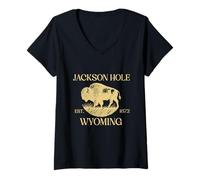 Mujer Jackson Hole Wyoming Souvenir Bisonte WY Mujeres Hombres Vintage Camiseta Cuello V
