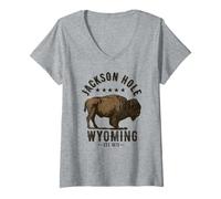 Mujer Jackson Hole Wyoming Souvenir Bisonte WY Mujeres Hombres Vintage Camiseta Cuello V