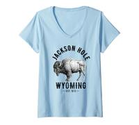 Mujer Jackson Hole Wyoming Souvenir Bisonte WY Mujeres Hombres Vintage Camiseta Cuello V