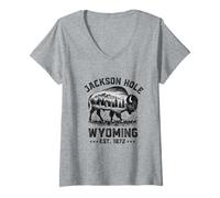 Mujer Jackson Hole Wyoming Souvenir Bisonte WY Mujeres Hombres Vintage Camiseta Cuello V