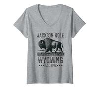 Mujer Jackson Hole Wyoming Souvenir Bisonte WY Mujeres Hombres Vintage Camiseta Cuello V
