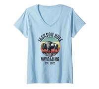 Mujer Jackson Hole Wyoming Souvenir Bisonte WY Mujeres Hombres Vintage Camiseta Cuello V