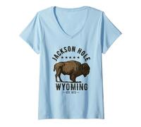 Mujer Jackson Hole Wyoming Souvenir Bisonte WY Mujeres Hombres Vintage Camiseta Cuello V