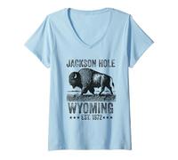 Mujer Jackson Hole Wyoming Souvenir Bisonte WY Mujeres Hombres Vintage Camiseta Cuello V