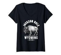 Mujer Jackson Hole Wyoming Souvenir Bisonte WY Mujeres Hombres Vintage Camiseta Cuello V