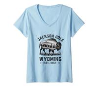 Mujer Jackson Hole Wyoming Souvenir Bisonte WY Mujeres Hombres Vintage Camiseta Cuello V