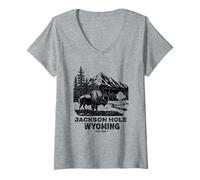 Mujer Jackson Hole Wyoming Souvenir Bisonte WY Mujeres Hombres Vintage Camiseta Cuello V