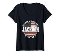 Mujer Jackson Michigan, Bandera Americana Vintage Camiseta Cuello V
