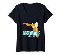 Mujer Jacksonville Coastal City Palmeras Y Florida Mapa Vintage Camiseta Cuello V