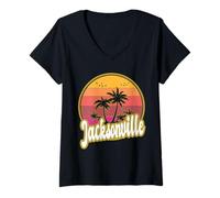 Mujer Jacksonville Florida Playa Retro Atardecer Camiseta Cuello V