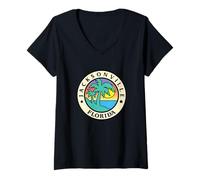 Mujer Jacksonville Retro Travel Badge Florida Sunset Palmeras Camiseta Cuello V