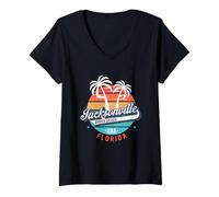 Mujer Jacksonville South Beach Florida Retro Atardecer Vintage Viajes Camiseta Cuello V