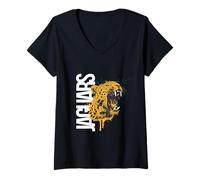 Mujer Jaguar Feroz Animal Salvaje rugir con Texto Vertical Camiseta Cuello V