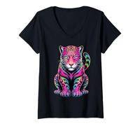 Mujer Jaguars Animal Colorido Arco Iris Gatos Grandes Amante Camiseta Cuello V