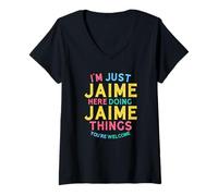 Mujer Jaime está aquí Haciendo Cosas Divertidas con el Nombre de Jaime Camiseta Cuello V