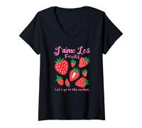 Mujer J'aime Les Fruits Fresa Mercado Francés Lindo Kawaii Camiseta Cuello V