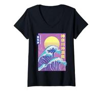 Mujer Japan Vaporwave Japanese Great Wave of Kanagawa Camiseta Cuello V