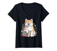 Mujer Japanese Akita Inu Bookworm Flowers Book Reading Camiseta Cuello V