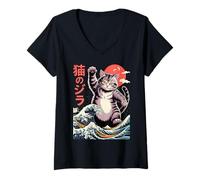 Mujer Japanese Cat Art Monster Wave Funny Cat For Men Women Kids Camiseta Cuello V