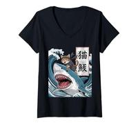 Mujer Japanese Ninja Samurai Cat Riding Shark Retro Distressed Camiseta Cuello V