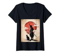 Mujer Japanese Samurai and Cat Vintage Rising Sun Art Camiseta Cuello V