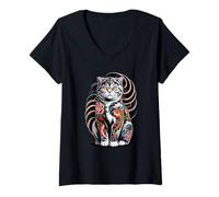 Mujer Japanese Style Scottish Fold Tattooed Coupari Tattoo Camiseta Cuello V