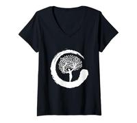 Mujer Japón Asia bambú Sol Kanji Natural baño Bosque Camiseta Cuello V