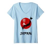 Mujer Japón, Rojo, Naciente, Sol, con, país, Mapa, símbolo, japonés, Camiseta Cuello V