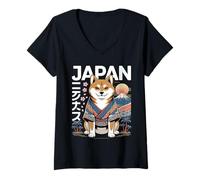 Mujer Japón Shiba Inu Kimono Tokio Kawaii Perro Camiseta Cuello V