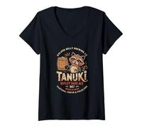 Mujer Japón Tanuki Sake Beer Cute Japan Folklore Travel Souvenir Camiseta Cuello V