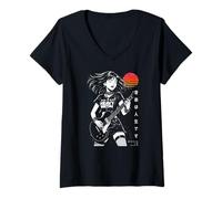Mujer Japonés Anime Chica La música es la vida Guitarra eléctrica Punk Jap Camiseta Cuello V